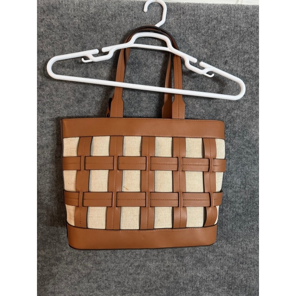 NWOT Nine West Sutton Place Tote Bag Caramel Canvas Woven Cage WGN111623 - Picture 5 of 14
